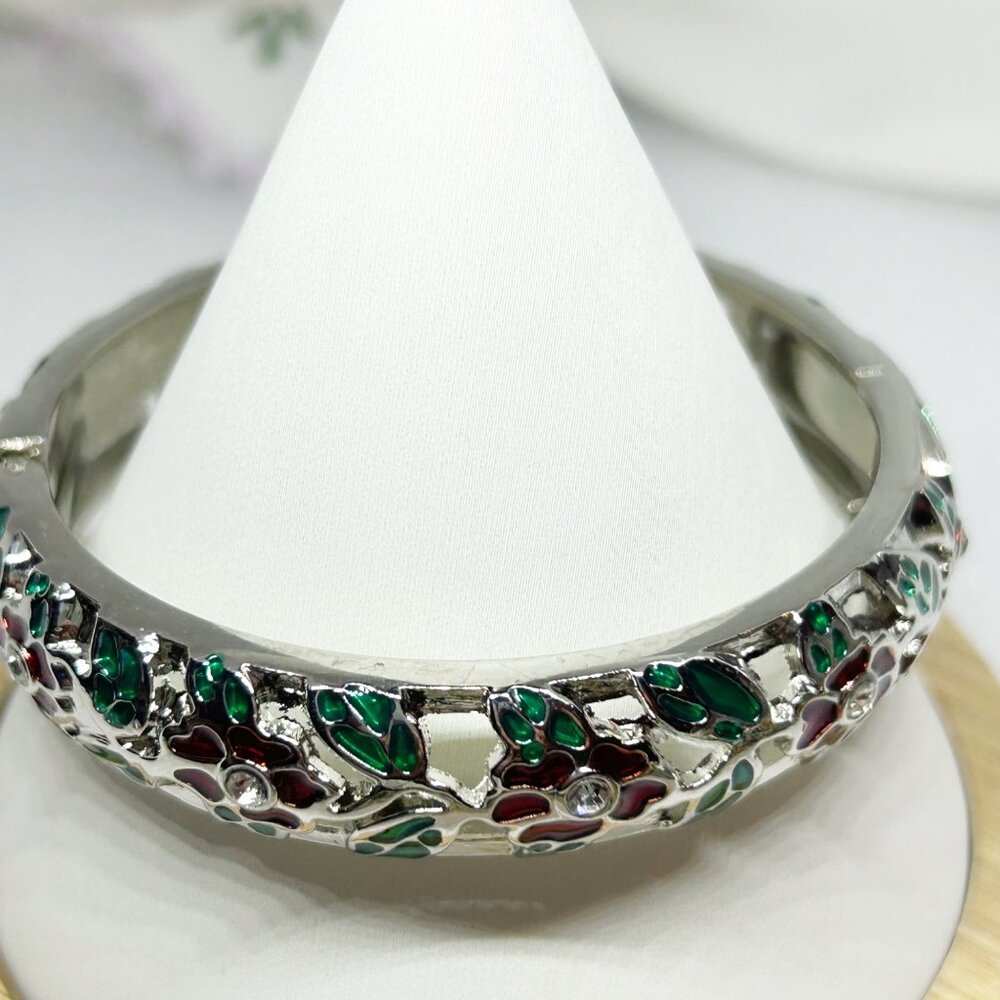 Hinged Bangle Bracelet w Green & Red Enamel Floral Accents & Clear Crystals